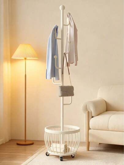 White Coat Rack With Storage Basket, Freestanding Clothes Rack, Coat Rack Stand For Hat Scarves Handbags Clothes, Modern Coat Hanger Stand For Entryway, Moving Storage Rack For Bedroom Living Room Office Hallway Entrance, Easy Access, Hallway Decor