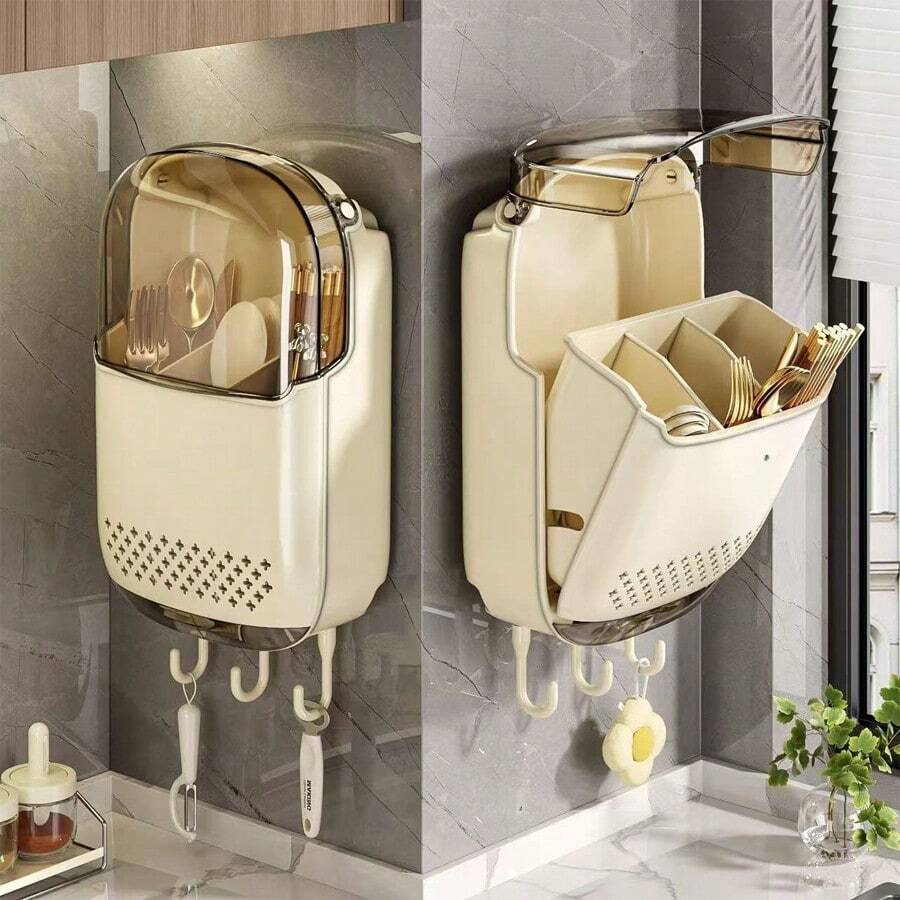 No-Drill Chopstick Holder Wall-Mounted Kitchen Draining Dust-Proof Storage Rack ( Easy To Clean)