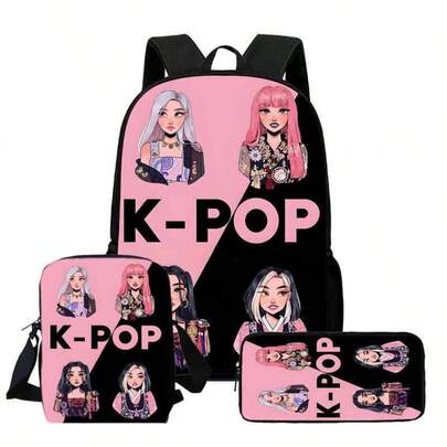 Set de 3 piezas Mochila unisex, con estilo de dibujos animados de moda KPp-Op, correa para el hombro ajustable y cierre con cremallera, que incluye mochila, bolso bandolera y estuche para lápices, diseñado para la escuela, viajes, camping, set de bolsos de gran capacidad, mejor regalo para Halloween, Navidad o cumpleaños