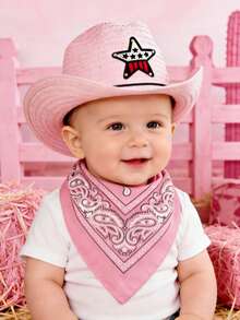 Nouveau set de chapeau et écharpe pour bébé thème western - Chapeau + bandana imprimé, tenue de bébé style western, convient pour séance photo de style INS, célébration des 100 jours, port quotidien, accessoires photo pour nouveau-né - Multicolore - Voir 8