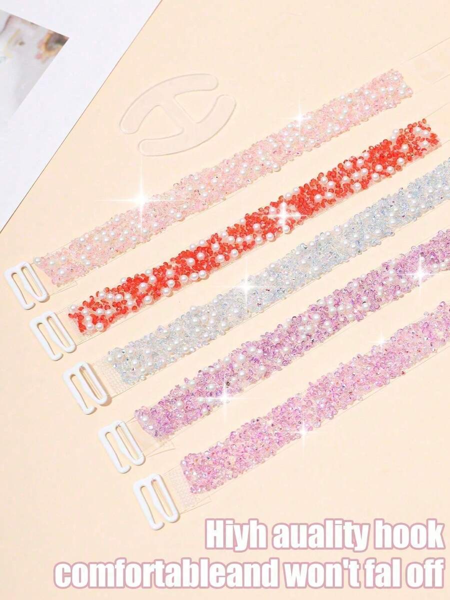 3pcs Set Transparent Shoulder Straps With Pearl & Rhinestone Decor, Adjustable Hooks, Sexy Seamless Bra Straps, Versatile Design - Multicolor - View 1