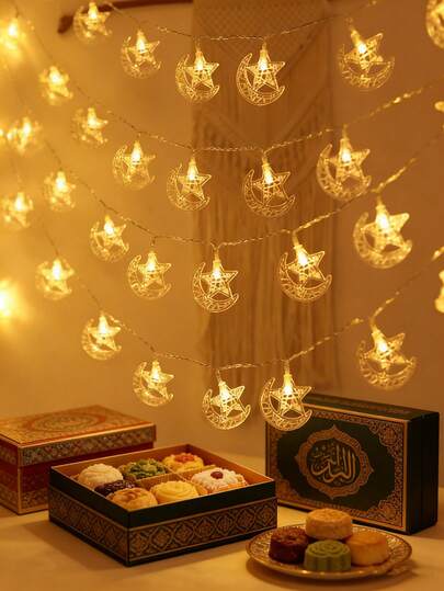 3 Meters/9.8ft 20 LED Star & Moon String Lights, Battery Powered, Fairy Lights For Bedroom Wall Decor, Tent Decor, Wedding, Birthday Party, Ramadan Home Decor, Perfect For Creating Ramadan Ambiance And Holiday Party Atmosphere
