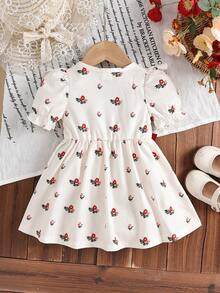 Vestido casual y lindo con volantes y estampado de cerezas con decoración de moño para bebé niña, cómodo para el verano - Multicolor - Ver 3