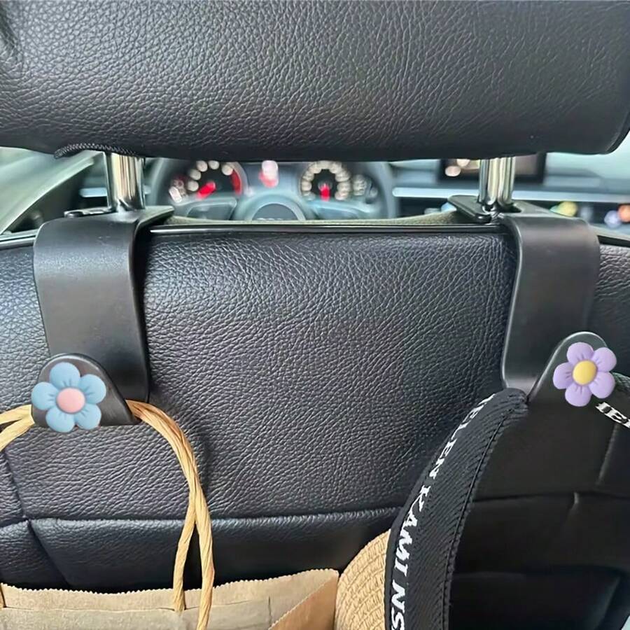 Blue + Purple Flower Car Hook 2pcs Set, Cute Flower Design, Storage Function. Durable And Sturdy, Easily Hang Bags And Small Accessories, Fully Utilize Back Seat Space, Universal Fit For All Car Models Interior Storage Hook - Flower Decorative Hooks - View 1