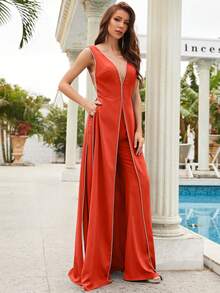 Deep V-Neck Sleeveless Split Leg Pants With Diamond Chain Decor, High-End Evening Gown Pants - Orange - View 4