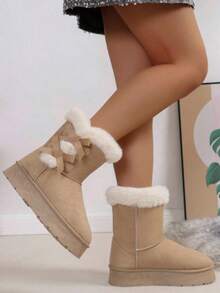 Women's Fashion Versatile Patchwork Metal Buckle Zipper Solid Color Round Toe Short Ankle Buckle Strap Chunky Heel Short Boots, Fashionable Casual Daily Wear, Suede, Autumn/Winter,Fur Boots - Màu be - Xem 4