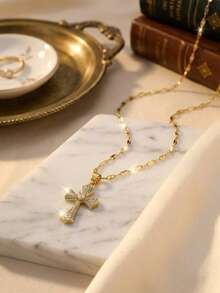 1pc Fashionable Micro-Inlaid Diamond Jesus Cross Copper Pendant Stainless Steel Necklace, Unisex, Exquisite Luxury Party Jewelry, Religious Christian Jewelry, Daily Wear - Multicolor - View 4
