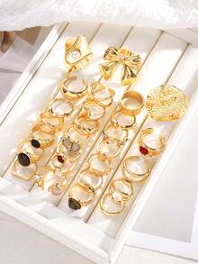 15pcs/Set Vintage Elegant Punk Metal Bow, Geometric, Round, Irregular, Tiger Eye, Heart, Faux Pearl Flower Split Ring Set, Suitable For Women Party, Date, Banquet, Street, Daily Matching, Gift For Friends (Random Style) - 金黃色 - 查看 4