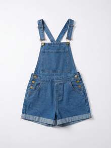 Jkorea Women's Square Neck Blue Denim Overalls - Vintage Aesthetic Jean Romper With Adjustable Straps & Cuffed Hem - 深色水洗藍 - 查看 4