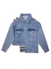 GLOURI Women's Blue Denim Jacket - Button-Front With Collared Neck & Asymmetric Hem Detail | Fit For Daily Commutes, Weekend Brunch & Casual Outings (Chic & Versatile) For Effortless Everyday Looks - 藍色 - 查看 5
