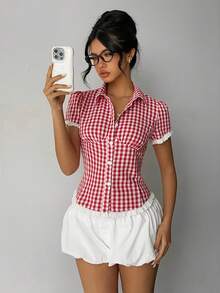 Women's Spring/Summer Red & White Plaid New Short Sleeve Pleated Front Button Lace Trim Shirt, Vacation Elegant Casual Commute Wear - Red - View 5