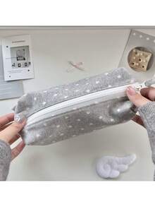 1pc Korean Style Polka Dot Gray Canvas Pencil Case, Soft & Stylish Desktop Makeup Bag, Student Stationery Organizer - Pencil Case - View 4