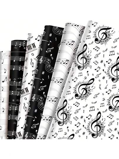6 Pieces Of Music Symbol Packaging Paper, Elegant Black And White Pattern Design, Musician Gift Packaging, Each Paper Is 20 Inches X 27 Inches, Suitable For Ladies And Gentlemen's Birthdays, Weddings, Concerts, Festivals, And Party Decorations
