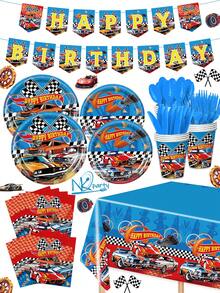 170pcs Hot Birthday Decorations Tableware Racing Car Theme Party Supplies Set Include Happy Birthday Banner, Plates(350g Thick Paper),  Napkins, Cups, Forks, Spoons, Knives And Tablecloth Kit For Serve 24 - 彩色 - 查看 8