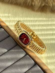 1 件女士椭圆形银黑色表盘金色石英休闲手表，适合日常佩戴 - 酒紅色 - 查看 5