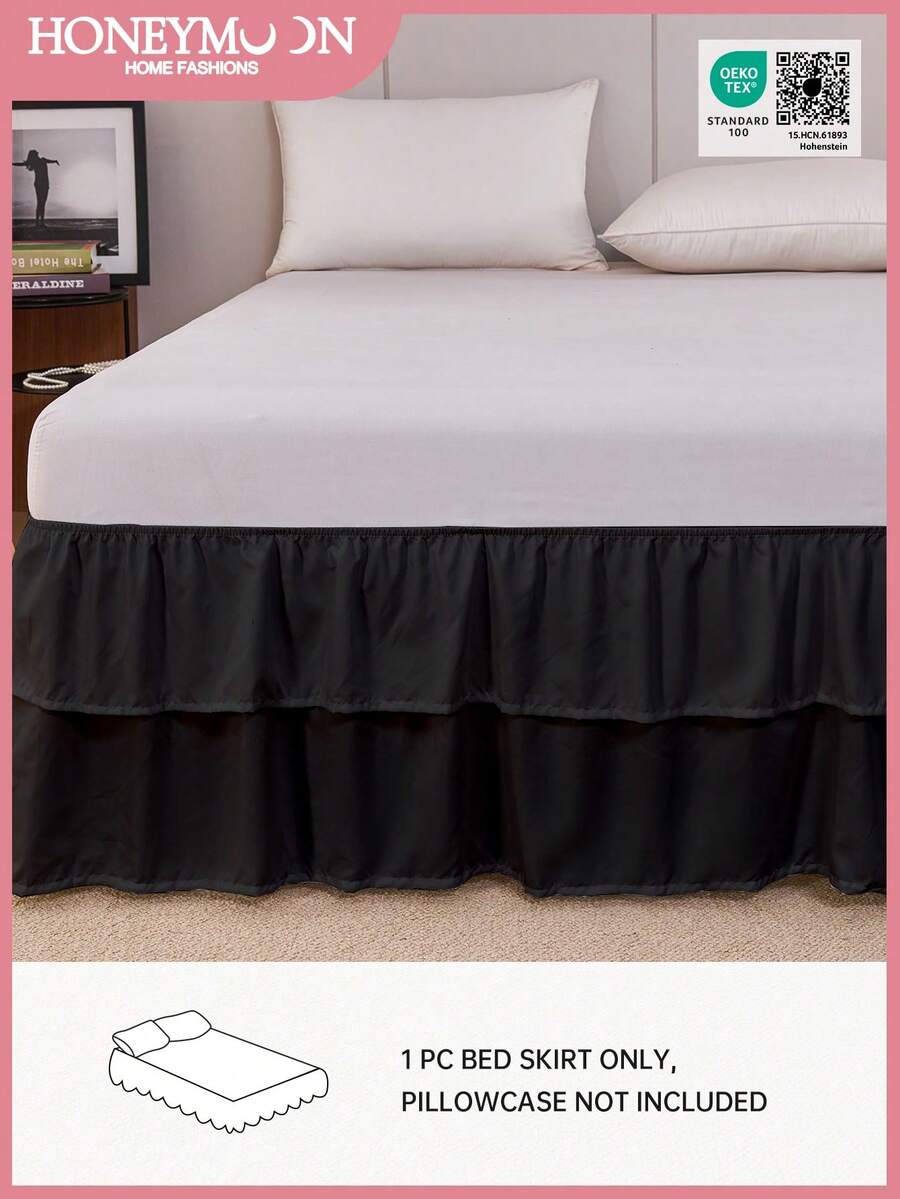 1 件装双层轻盈薄荷绿荷叶边床裙，经典款式，柔软时尚，100% 超细纤维面料，垂长 15.7 英寸。适合家庭和宿舍使用，可机洗，通过 Oeko-Tex 认证 - 黑色 - 查看 1