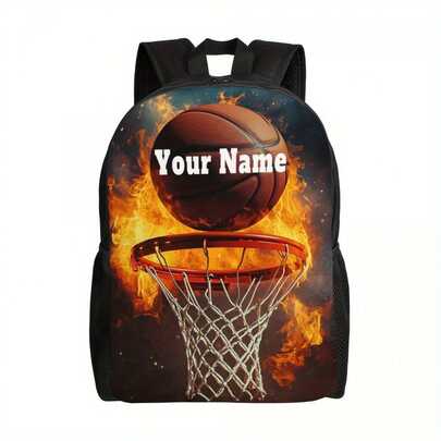 1pc Personalized Basketball Backpack, Custom Name/Team Name, With Adjustable Shoulder Straps, Lightweight Polyester Student Laptop Bag, Foldable Zippered Sports Backpack, Featuring Custom Name Printing, Suitable For Valentine's Day And St. Patrick's Day.