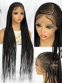 Peluca trenzada con encaje frontal completo] Peluca trenzada versátil con encaje frontal completo, cabello sintético liso para todos los tonos de piel - Negro - Ver 7