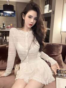 Spring/Summer New White Hollow Out Round Neck Sheer Sexy Vibe Cover Up Autumn/Winter New Unique Starfish & Shell Texture Slim Fit Thin Casual Cover Up, Suitable For Dates And Vacations - White - View 3