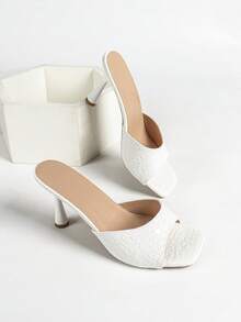 Sandalias de tacón cónico con doble correa y punta abierta con textura de caimán para adolescentes, adecuadas para salir, vacaciones, fiestas, campus, ir y venir, disponibles en rojo, dorado, negro, blanco, plata - Blanco - Ver 10