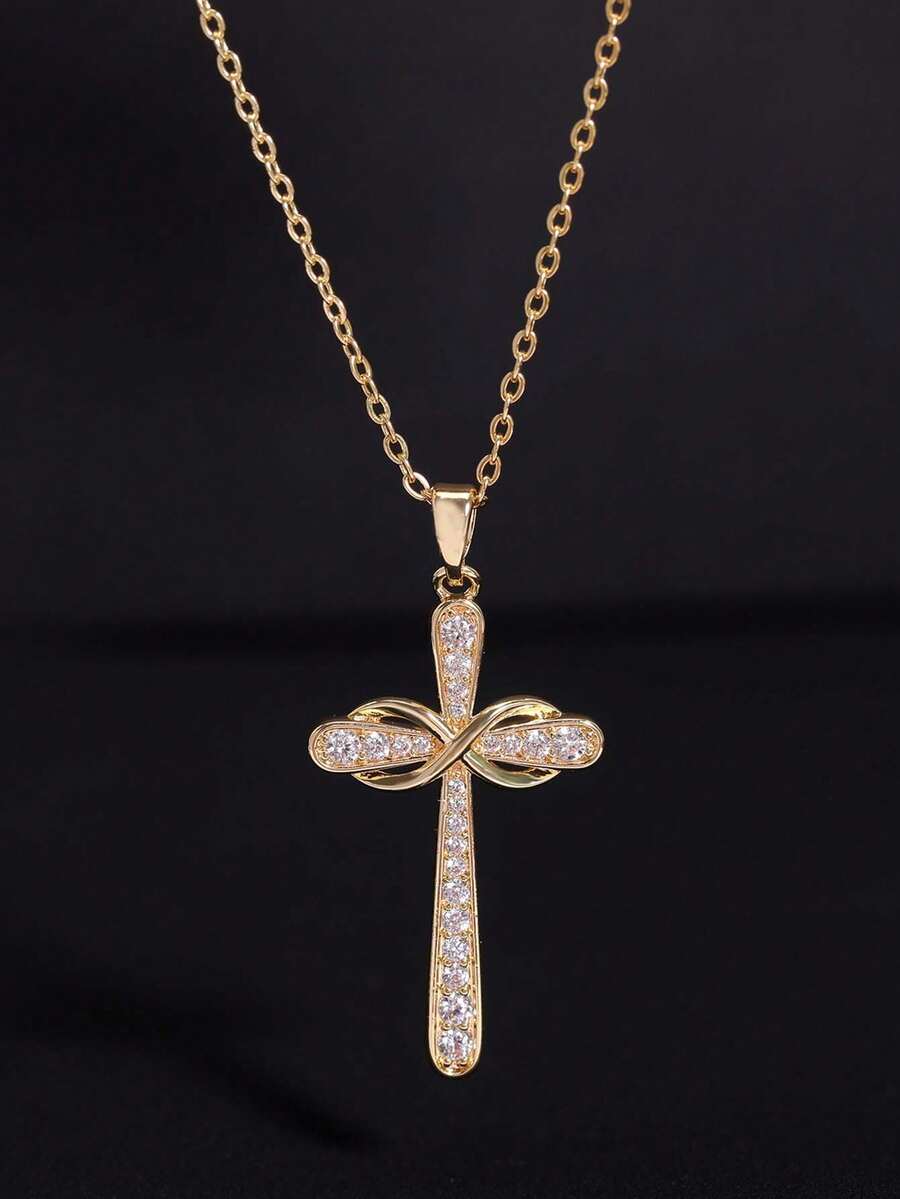 1PC, Eternal And Infinite Love 8-Character Diamond-Encrusted Cross Necklace, Golden Necklace, Girl's Collarbone Chain Accessory - Multicolor - View 1