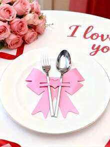 12个粉色蝴蝶结造型餐具夹 - 刀叉夹，适用于婚礼、周年纪念、情人节 - 浪漫餐桌装饰、晚宴用品、优雅餐具，易于使用 - 彩色 - 查看 4