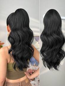 Hästsvansförlängning med dragsko och klämmor, svartbrun, guldtonad grå tonad brun flerfärgad, 18 tum långvågig syntetisk peruk av värmebeständiga fibrer, lämplig för kvinnors dagliga användning vid jul, halloween, musikfestivaler, fester etc. - Tvåtonad - Visa 15