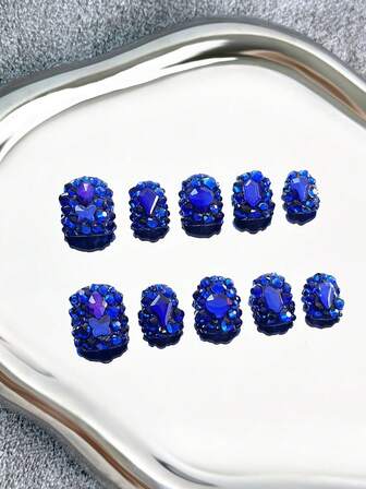 Y2K方形美甲，手工制作，透明甲片，蓝色水钻，闪亮全覆盖3D设计 - 全覆盖DIY闪光人造指甲，适用于派对、户外、海滩、日常、节日、聚会、工作和特殊场合 - 10片/包