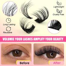 192-Pack Fluffy D Curl Lash Clusters • Cat Eye Left+Right Pair Set • Extra Thick Yet Natural Look • Beginner Friendly & Reusable For Daily, Party, Travel & Festival - 黑色 - 查看 7