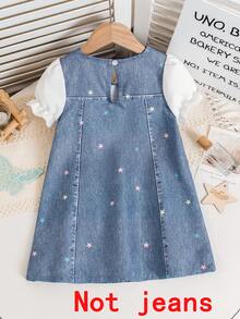 1pc Girls Casual Star Pattern Soft & Comfortable Woven Fabric Faux Denim Puff Sleeve Dress, Suitable For Outdoor Wear, Spring/Summer - Blue - View 2