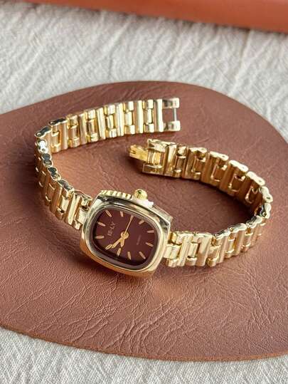 1pc Square Gold Women's Quartz Watch Exquisite Simple Retro Style Suitable For Daily Matching And Ideal As A Gift For Life And Festivals