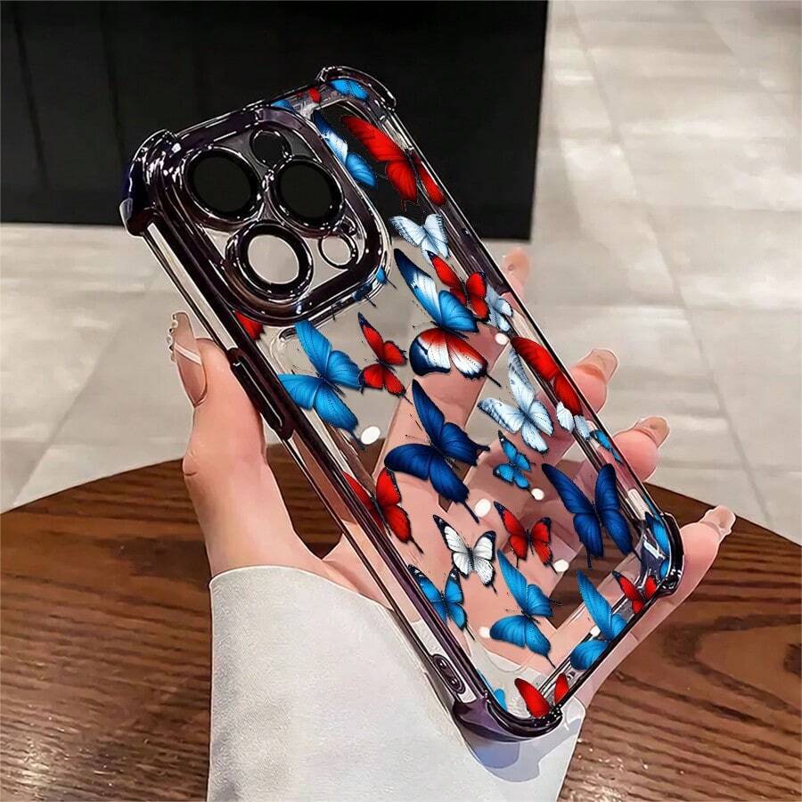 1pcs Red Blue Butterfly Phone Case Compatible with Apple Phone 17 16 15 14 13 12 11 ProMax Antidrop Phone Case Camera Protection Phone Case Vintage Minimalist Aesthetic Cute Fashion Can Be Given To Friends Can Be Given To A Lover - Morado - Ver 1