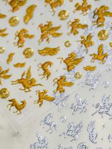 1pc Hot Stamping Flying Horse Treading Swallow European Vintage Gold Galloping Steed Angel Wing 5D Nail Art Stickers Mythical Elegant Nail Decals Self-Adhesive Manicure Accents For Women Nails - Multicolor - View 4