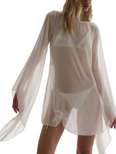 Women's Sheer Mesh Dress See Through Long Sleeve Bikini Crew Neck Cover Up For Pool Party, Beachwear, Daily Wearing