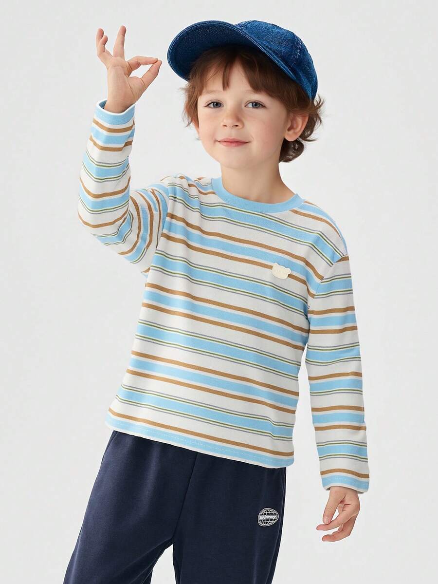 Balabala 2026 Young Boy Striped Long Sleeve T-Shirt, Pure Cotton Spring Top