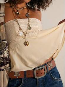 Women Chiffon Lace Tube Top Y2k Floral Embroidery Strapless Backless Bandeau Shirt Cute Summer Flowy Going Out Crop Tops Streetwear - Màu be - Xem 3