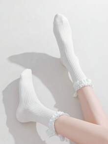 1双日式甜美蕾丝边饰长袜，蝴蝶结系带纯色芭蕾长袜，女士款 - 彩色 - 查看 7