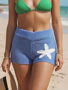 Women's Knit Shorts Casual Slim Fit Stylish Decorative Starfish Ribbed Elastic Mid Rise Shorts For Spring/Summer - Azul - Ver 6