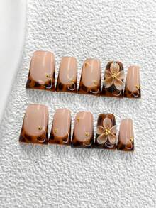 10pcs Vintage French Manicure Set, Acrylic Press-On Nails, DIY Brown 5-Petal Carved Nail Decor, Asymmetrical Gold Diamond Decoration, Brown Nail Polish, Great Gift For Women & Girls, Comes With Nail Tools (1pc Jelly Sticker + 1pc Nail File), 3 Sizes: Almond, Duck Mouth, Coffin, Suitable For Weddings, Valentine's Day, Commuting, Parties, Winter Nails Nail Supplies - 彩色 - 查看 2