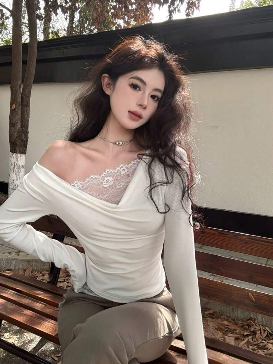 法式蕾丝拼接露肩长袖上衣，修身显瘦露肩T恤，2026春季新款女装 - 白色 - 查看 1