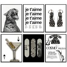 6pcs Stockholm Style Wall Art  Leopard Wall Decor Preppy Aesthetic Cheetah Posters Luxury Fashion Canvas Prints Vintage Boots Martini Pictures For Home Bedroom Apartment Dorm 8x10 Unframed - 黑白 - 查看 1