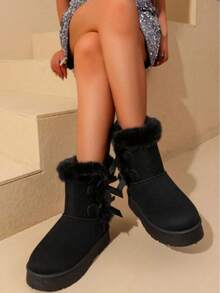 Women's Fashion Versatile Patchwork Metal Buckle Zipper Solid Color Round Toe Short Ankle Buckle Strap Chunky Heel Short Boots, Fashionable Casual Daily Wear, Suede, Autumn/Winter,Fur Boots - màu đen - Xem 4