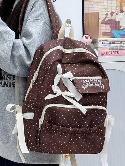 Mochila de mujer con lunares y lazo - Mochila escolar casual con múltiples bolsillos