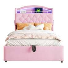 Children's Upholstered Bed 90x200, Velvet Single Bed, Multifunctional Bed With Storage Space, LED And USB, Beige - Pink - View 7