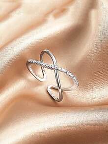 Nooxian 1pc Minimalist Elegant Double-Layer Criss-Cross Infinity Symbol Zirconia Copper Open Ring - Silver - View 4