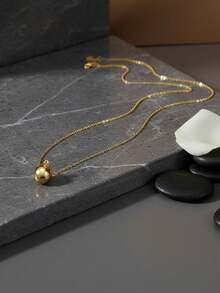 1pc Gold Stainless Steel 18K Gold Plated Round Ball Pendant Necklace, Simple And Versatile For Daily Decoration - Gold - View 3