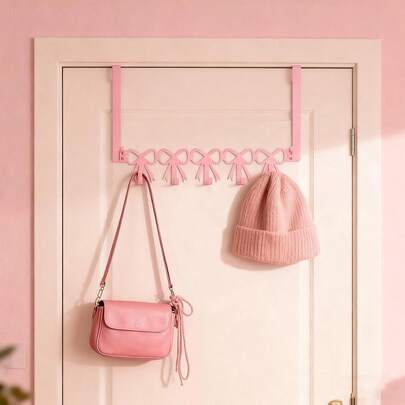 1 pièce Crochet de porte rose en forme de nœud, porte-serviettes mural avec 5 crochets, décoration de style campagnard mignon, convient pour la chambre et la salle de bain, peut accrocher les serviettes, chapeaux, vêtements, sacs, manteaux, rangement à la maison