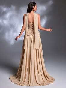 裸色蕾丝褶皱无肩带薄纱披肩系带雪纺长裙优雅晚礼服 - 杏色 - 查看 2