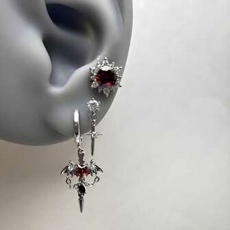 Set de 3 piezas de pendientes de estilo punk con alas y corazón de circonita roja, pendientes de cruz de metal y cristal unisex, dulces y elegantes, accesorios de joyería de moda Y2K