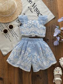 Baby Girls' Fashion Casual Set, Embroidered Cute Collar Top + Embroidered Bow Shorts - Blue - View 2